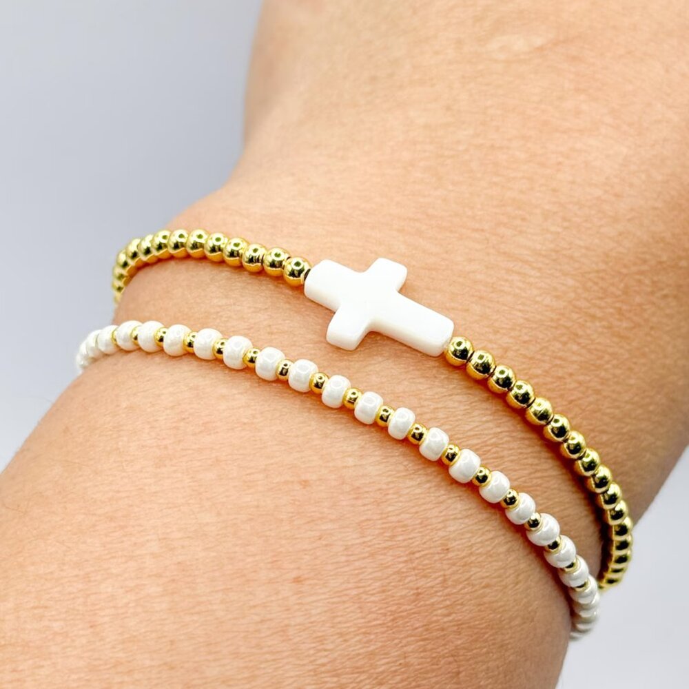 Mother Of Pearl Cross Bracelet Waterproof Gold Christian Stretch Bracelet Faith